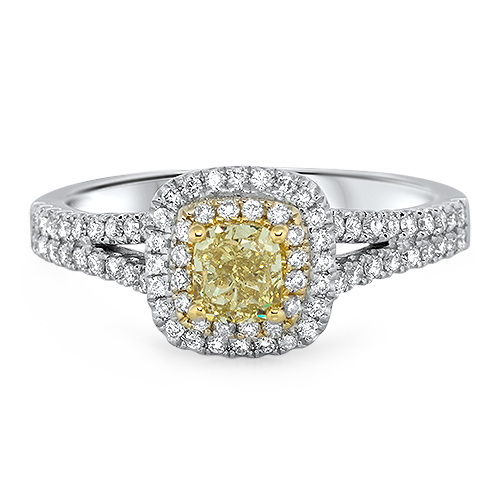 View Fancy Yellow Cushion Diamond and Diamond Ring