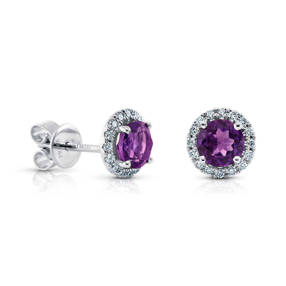 View Amethyst Halo Diamond Earrings