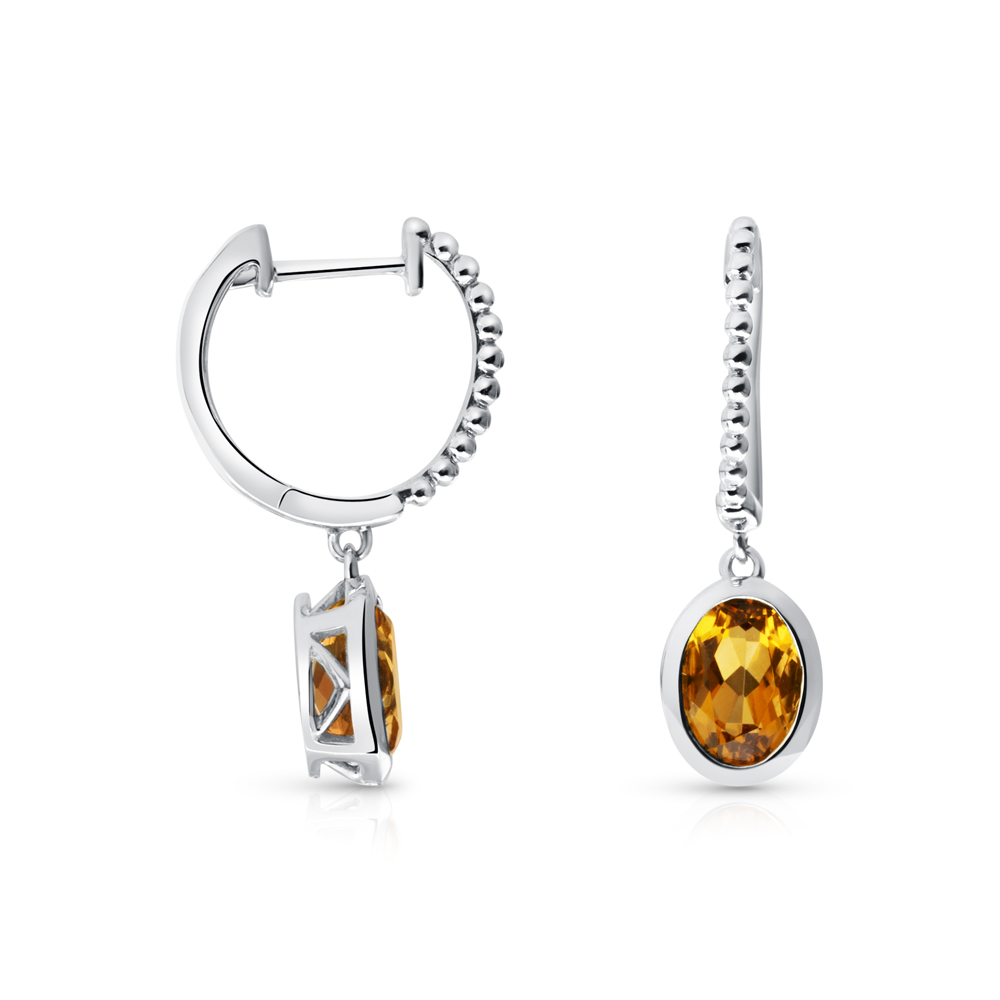 View 7X5 Oval Madeira Citrine Bezel Set Dangling Hoop Earrings