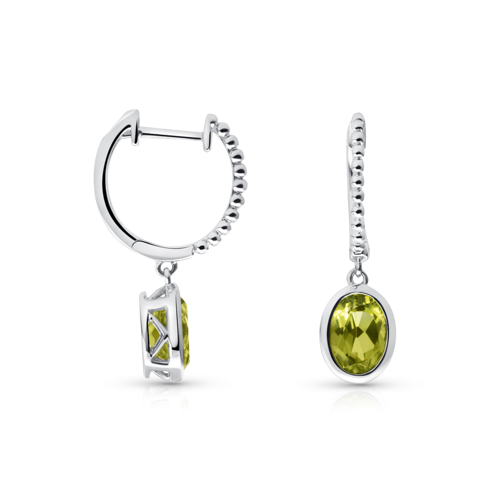 View 7x5 Oval Peridot Bezel Set Dangling Hoop Earrings