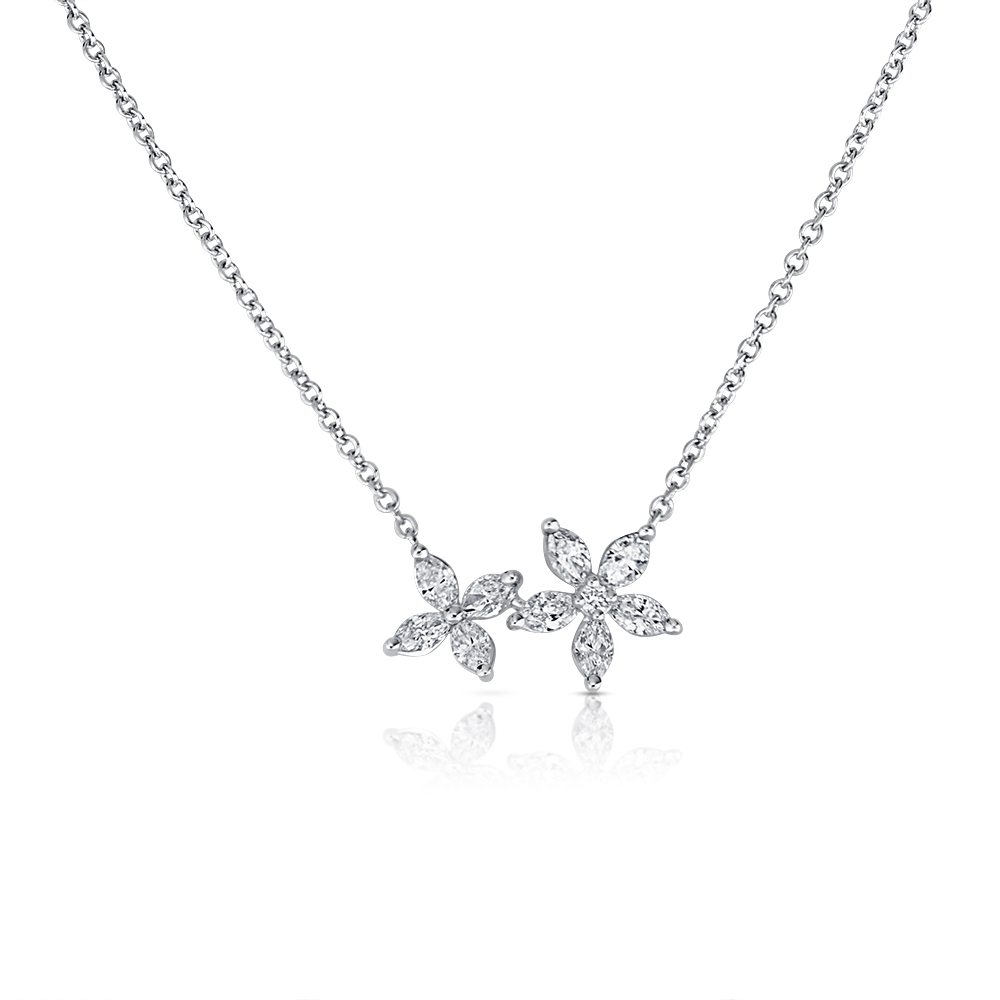View Marquee And Round Diamond Fashion Double Flower Necklace