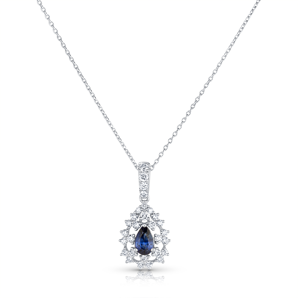 View Pear Shape Sapphire And Diamond Halo Pendant With Chain