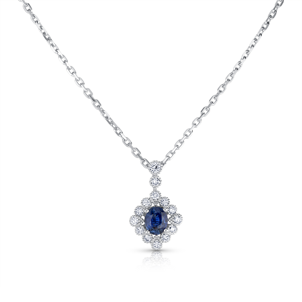 View Sapphire And Fancy Diamond Halo Pendant With Chain
