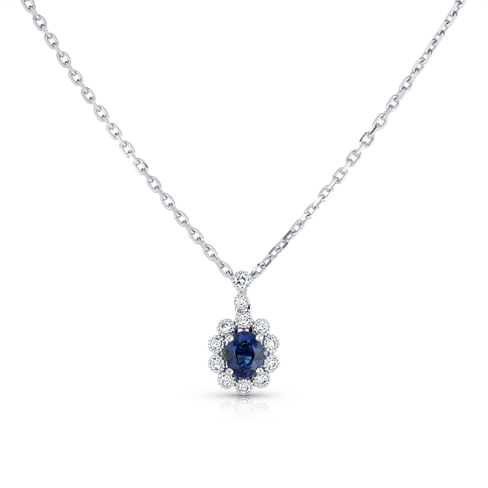 View Oval Sapphire And Diamond Fancy Halo Pendant With Chain