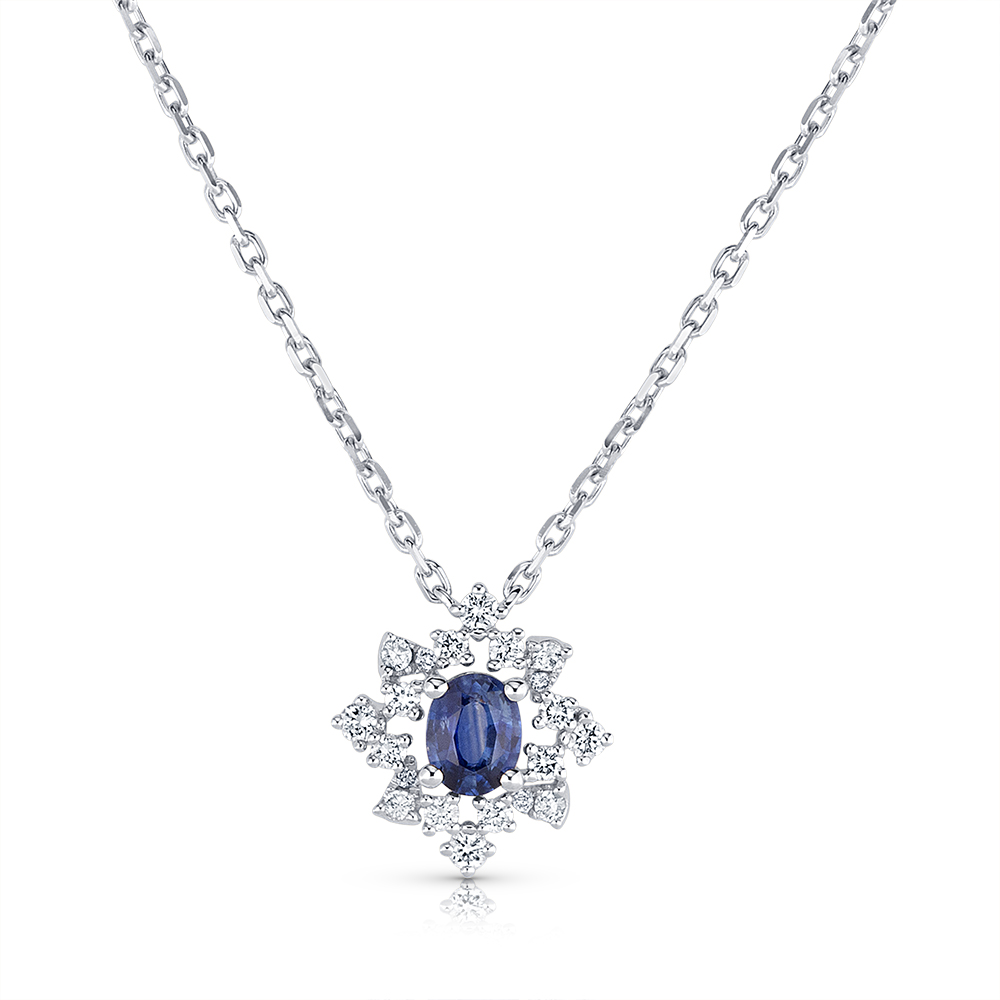 View Sapphire And Diamond Halo Pendant With Chain