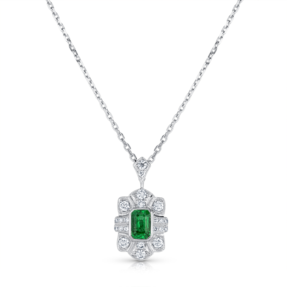 View E/C Emerald And Diamond Antique Style Pendant With Chain