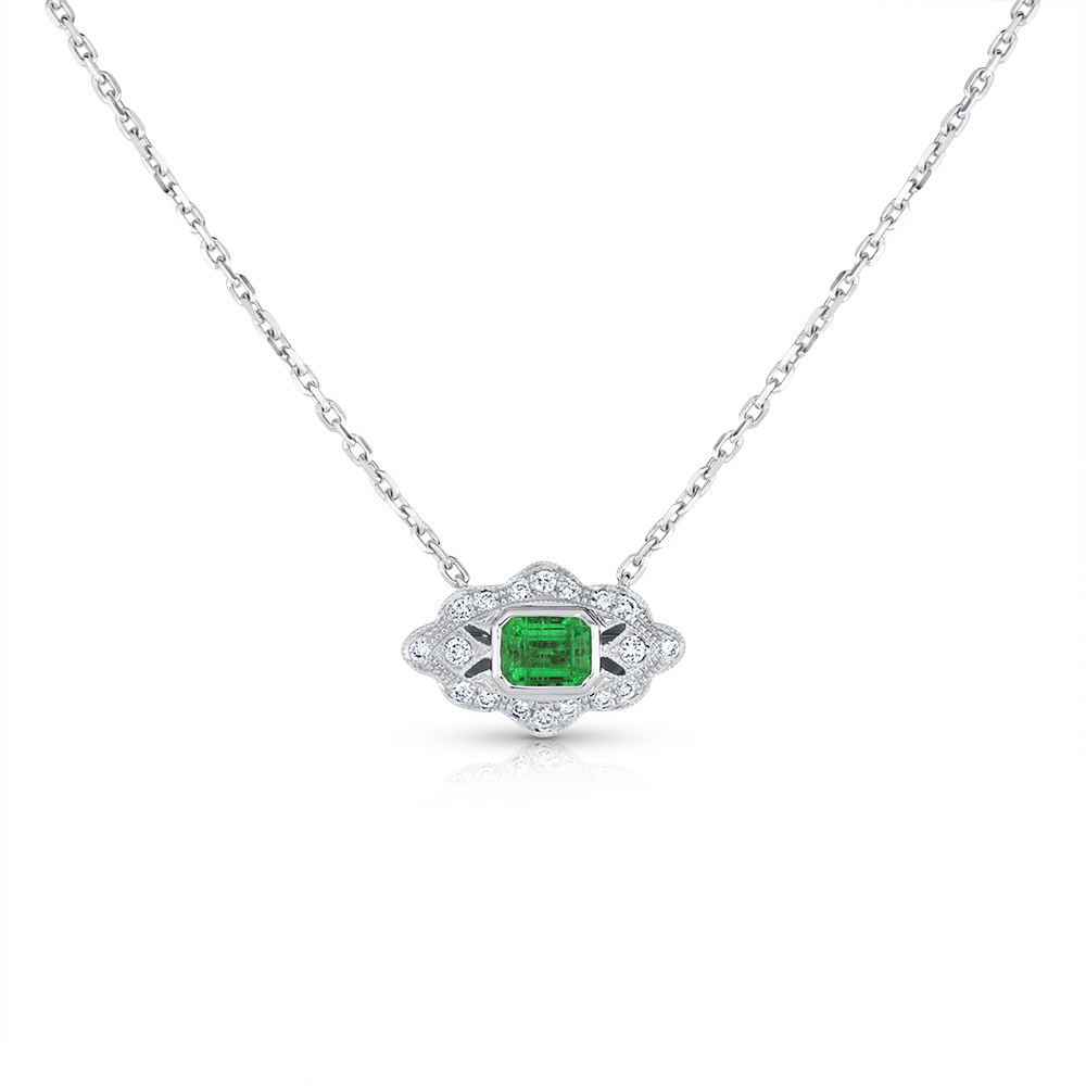View E/C Emerald And Diamond Antique Style Pendant With Chain