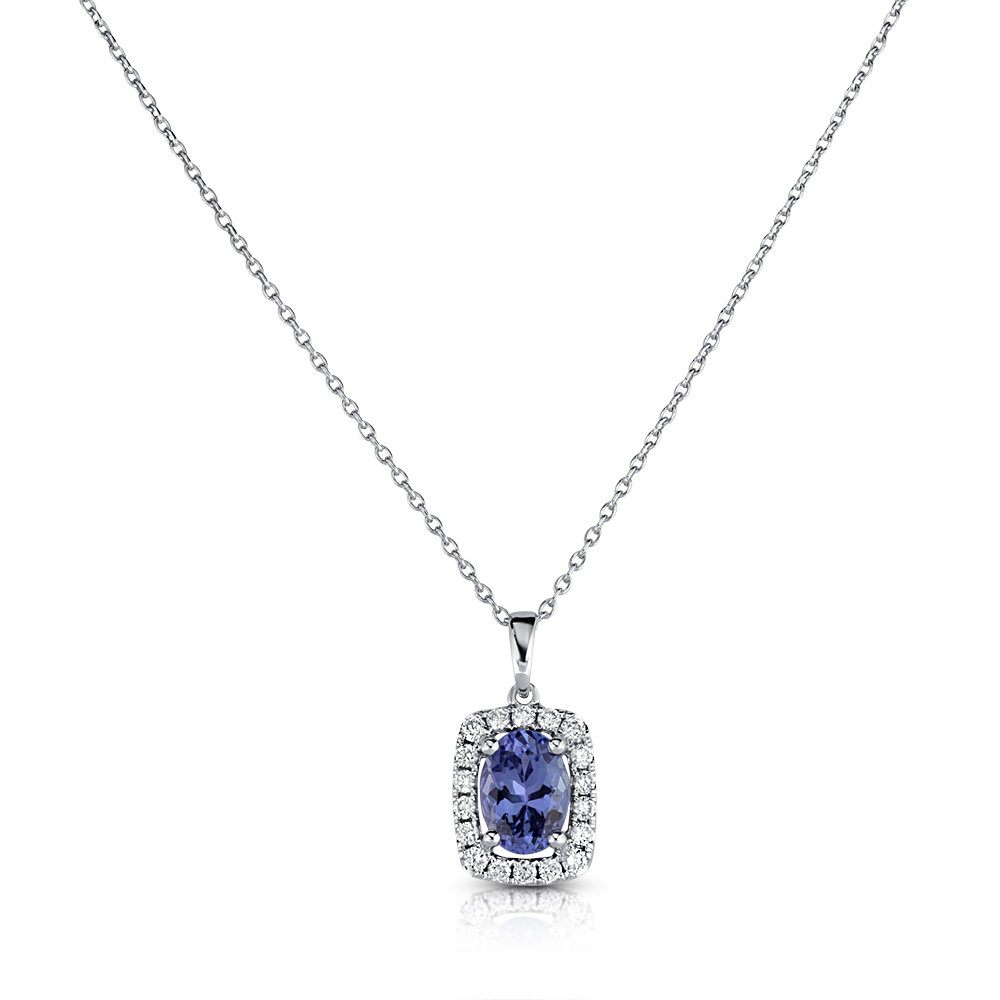 View Oval Tanzanite 7x5 Cushion Diamond Halo Pendant With Chain