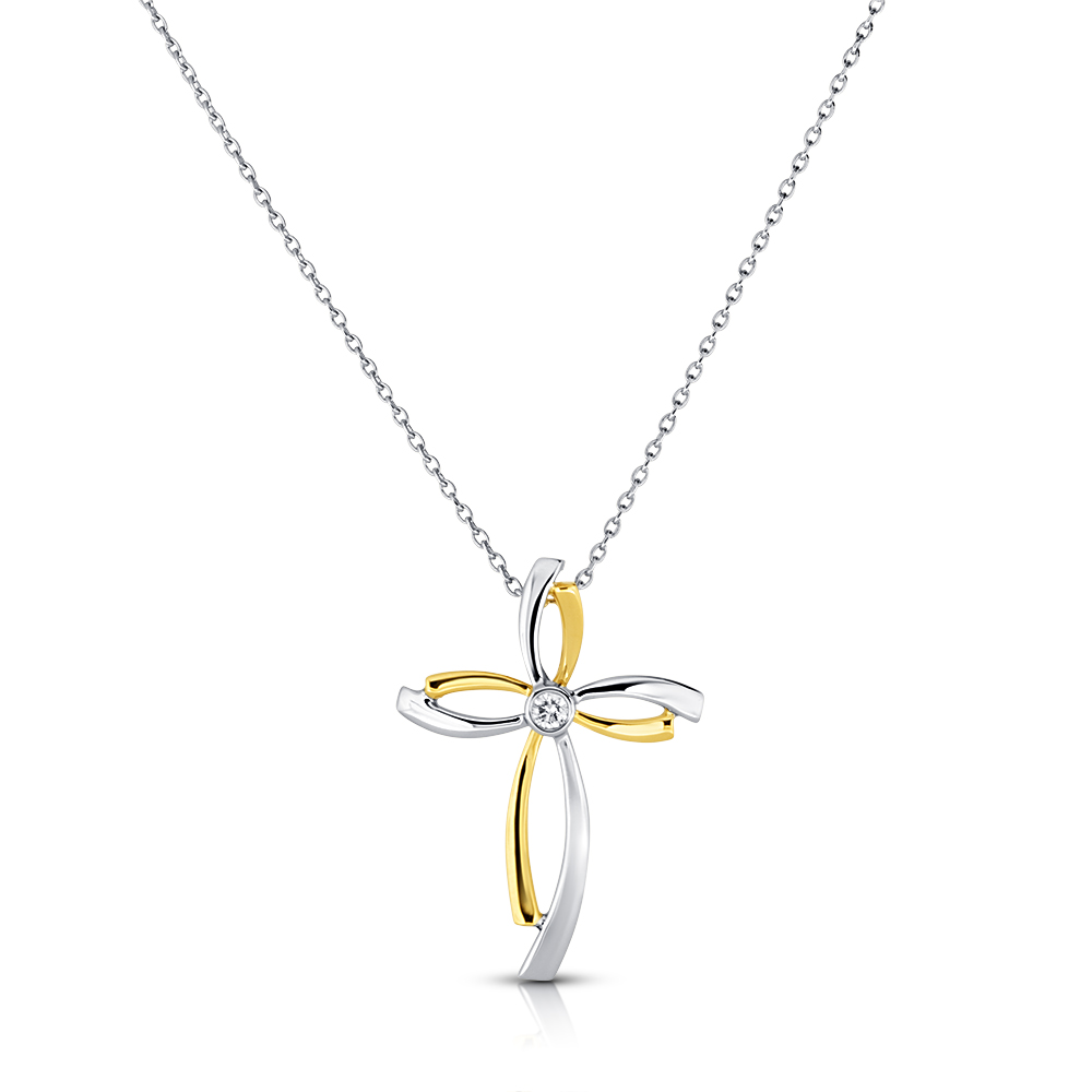 View Single Bezel Set Diamond Cross Pendant With Chain