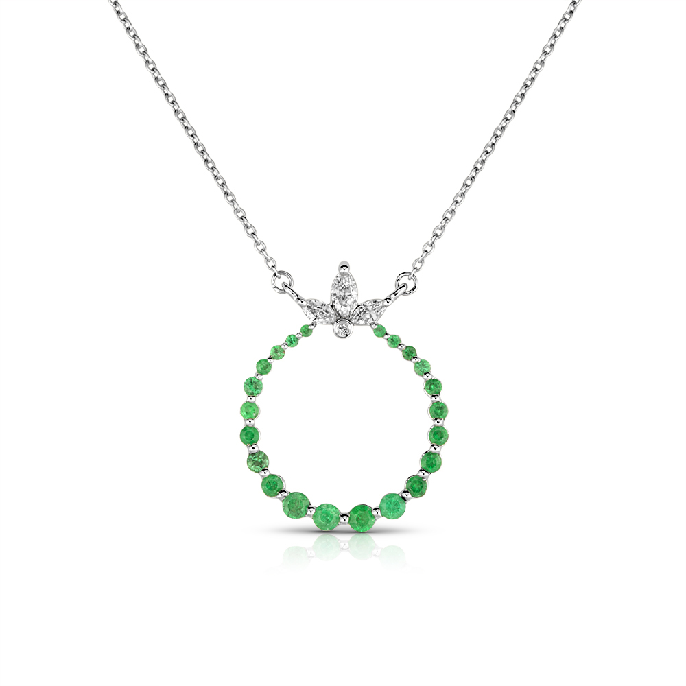 View Emerald MQ And RD Diamond Circle Pendant With Chain