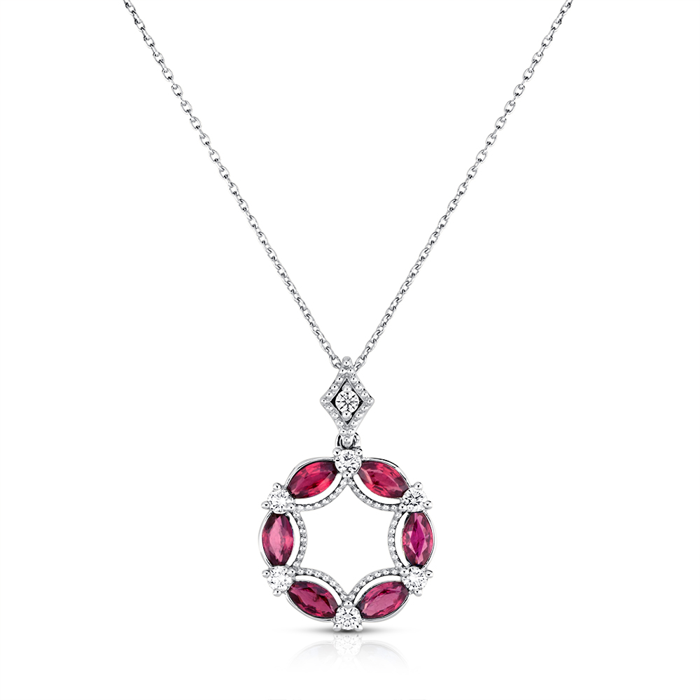 View MQ. Rubies And Rd. Diamond Circle Pendant With Chain