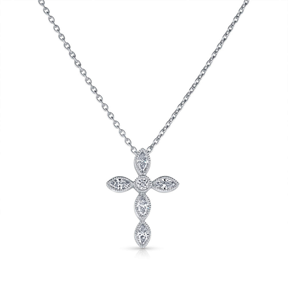 View MQ And RD Diamond Bezel Set Cross Pendant With Chain