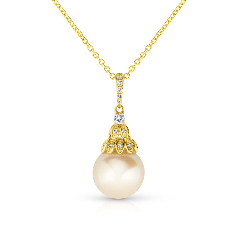 View 10mm Pink Pearl and Diamond Drop Pendant With Chain
