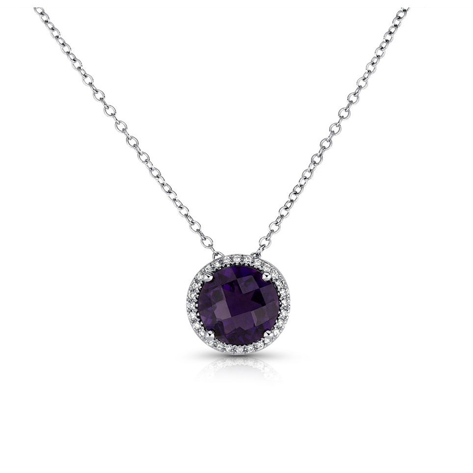 View Round Amethyst And Diamond Halo Pendant With Chain