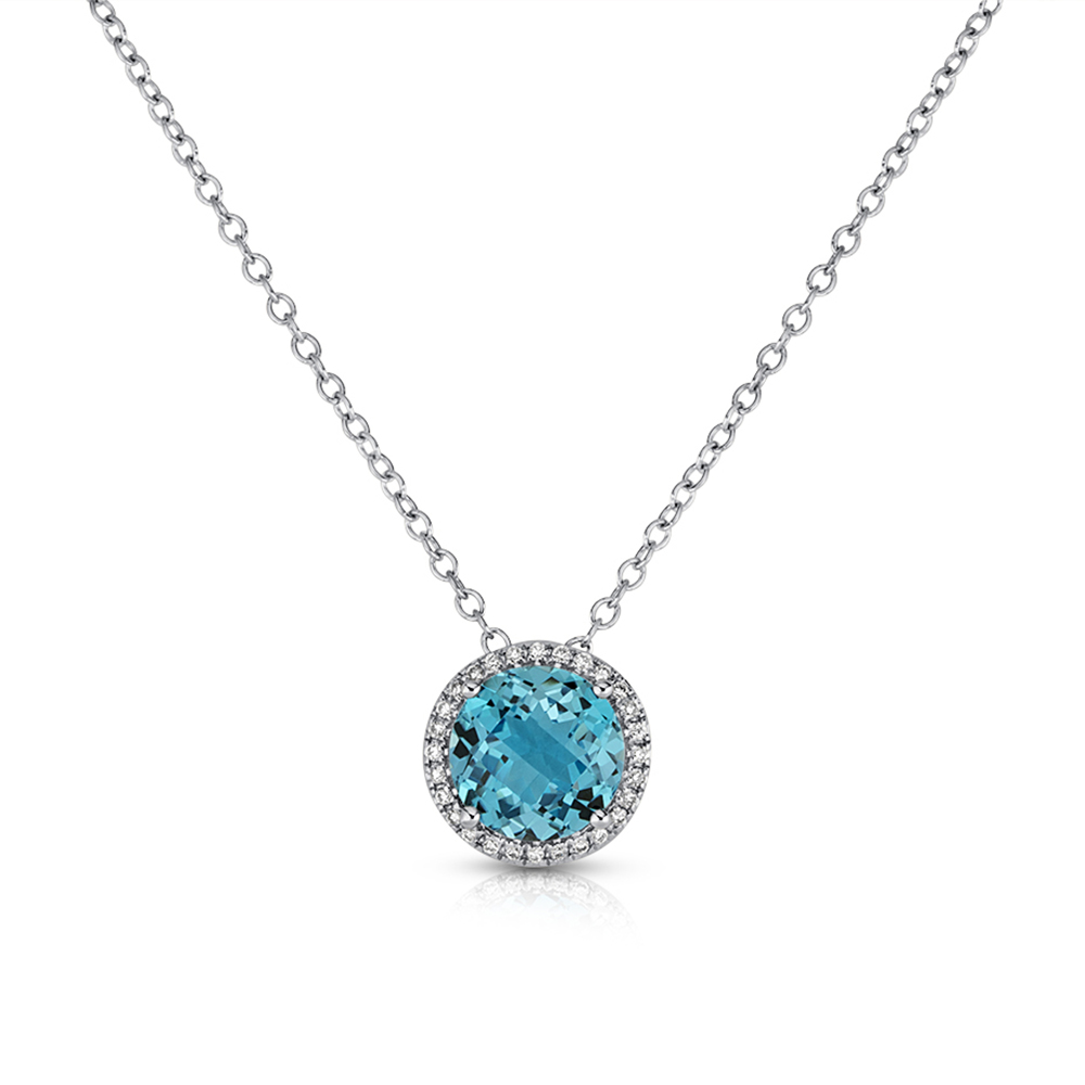 View Round Swiss Blue And Diamond Halo Pendant With Chain