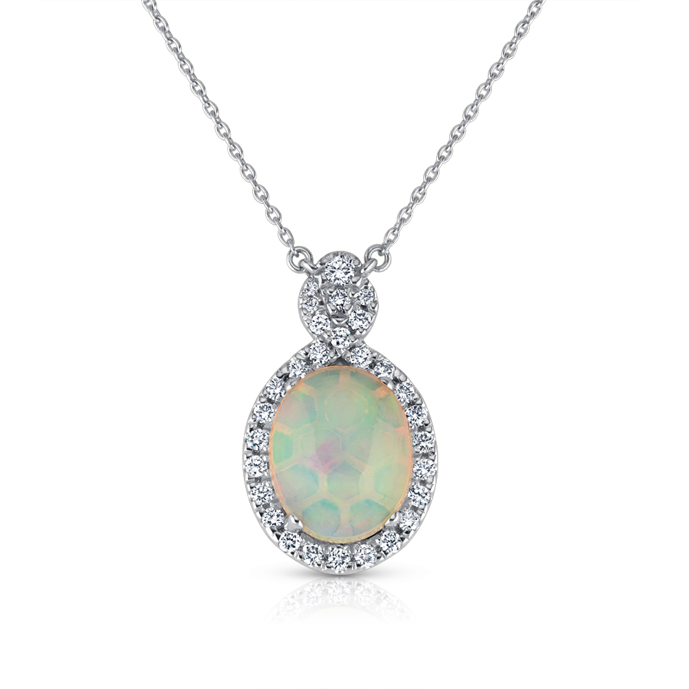View Cab Opal and Diamond Pendant With Chain