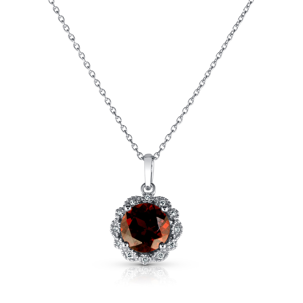 View Garnet And Diamond Halo Pendant With Chain
