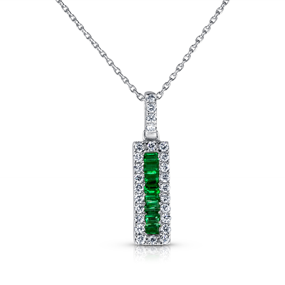 View Baguette Emeralds And Diamond Pendant With Chain