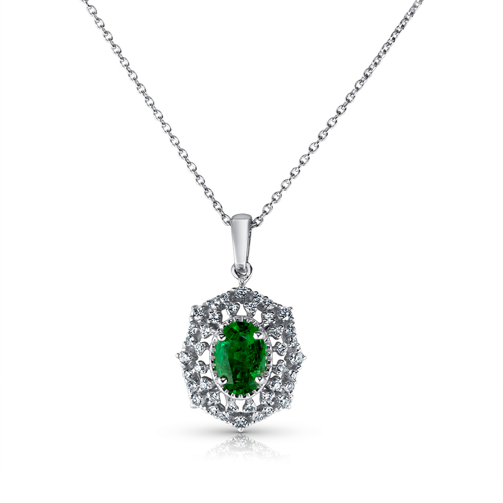 View Emerald Oval And Diamond Fancy Pendant With Chain