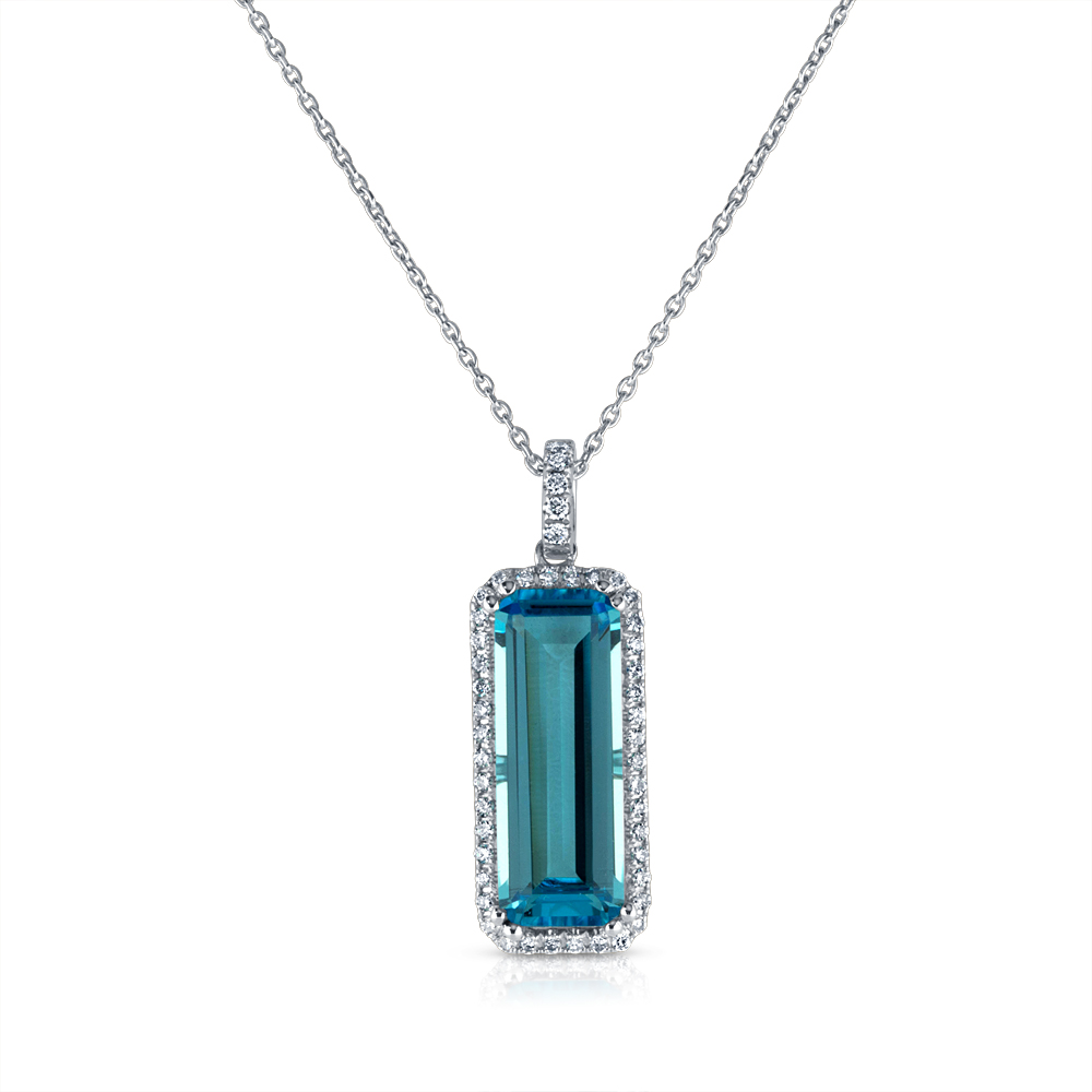 View Elongated Swiss Blue And Diamond Pendant With Chain