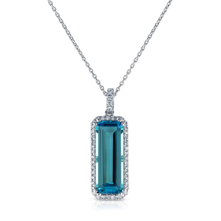 View Elongated Swiss Blue And Diamond Pendant With Chain